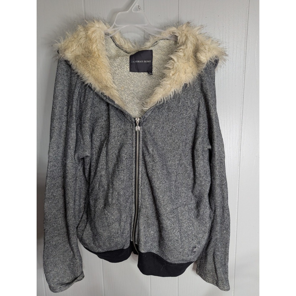 Victorias‎ Secret womens L grey zippered jacket with faux fur hood angel zipper